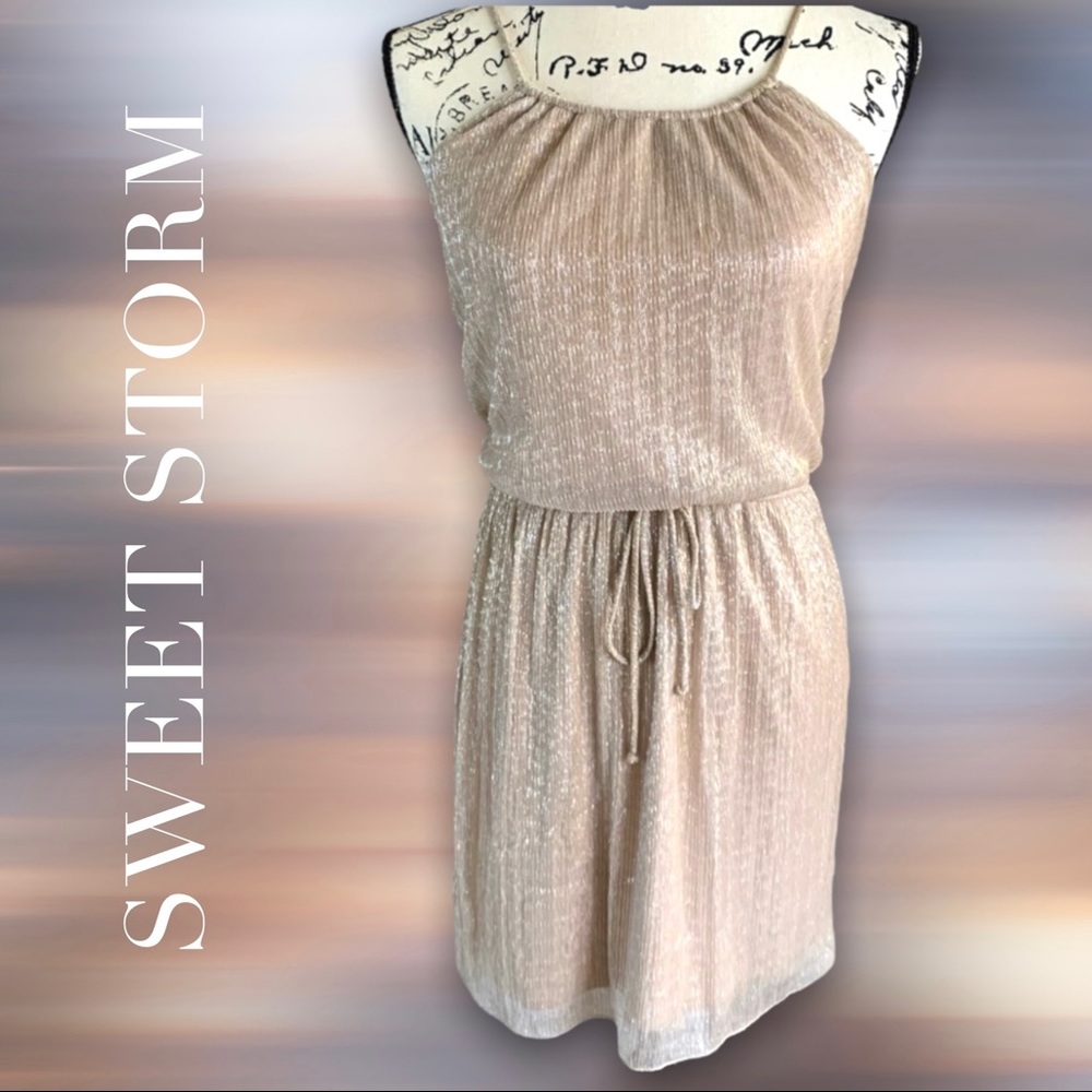 SWEET STORM Gold Mini Dress Shimmer Cocktail Spaghetti Strap Bachelorette Size S
